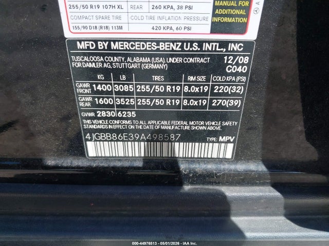 44976513 :رقم المزاد ، 4JGBB86E39A498587 vin ، 2009 Mercedes-benz Ml 350 4matic مزاد بيع