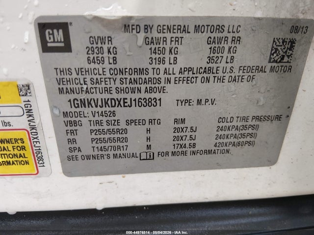 Aukcja sprzedaży 2014 Chevrolet Traverse Ltz, vin: 1GNKVJKDXEJ163831, numer aukcji: 44976514