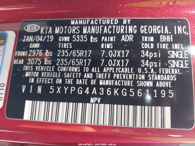 44976531 :رقم المزاد ، 5XYPG4A36KG561195 vin ، 2019 Kia Sorento 2.4l Lx مزاد بيع