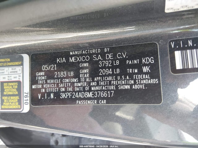 Aukcja sprzedaży 2021 Kia Forte Lxs, vin: 3KPF24AD8ME376617, numer aukcji: 44976540