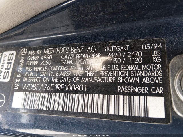 Продаж на аукціоні авто 1994 Mercedes-benz Sl 600, vin: WDBFA76E1RF100801, номер лоту: 44976541