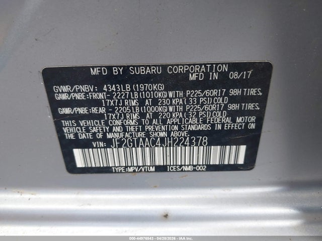 2018 Subaru Crosstrek 2.0i მანქანა იყიდება აუქციონზე, vin: JF2GTAAC4JH224378, აუქციონის ნომერი: 44976543