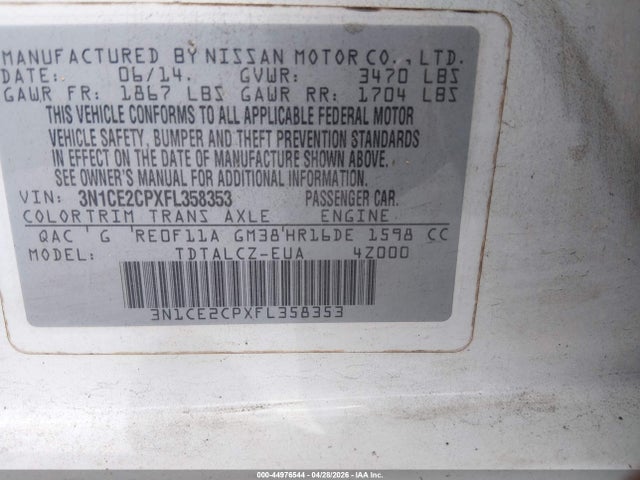 Aukcja sprzedaży 2015 Nissan Versa Note S Plus, vin: 3N1CE2CPXFL358353, numer aukcji: 44976544
