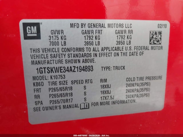 2010 Gmc Sierra 1500 Slt მანქანა იყიდება აუქციონზე, vin: 1GTSKWE34AZ194893, აუქციონის ნომერი: 44976560