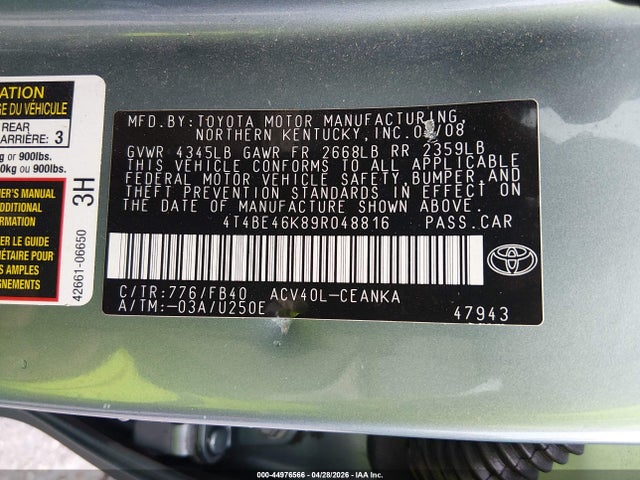 Продажа на аукционе авто 2009 Toyota Camry Le, vin: 4T4BE46K89R048816, номер лота: 44976566