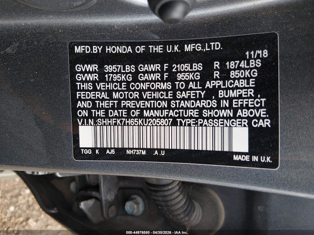 Продажа на аукционе авто 2019 Honda Civic Ex, vin: SHHFK7H65KU205807, номер лота: 44976580