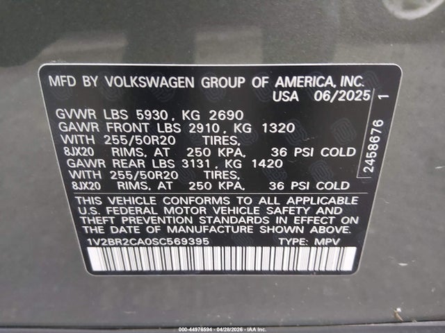Продаж на аукціоні авто 2025 Volkswagen Atlas 2.0t Sel, vin: 1V2BR2CA0SC569395, номер лоту: 44976594