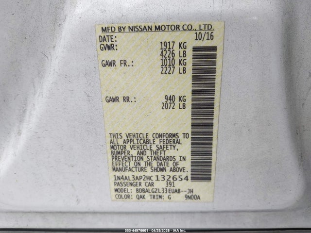 44976601 :رقم المزاد ، 1N4AL3AP2HC132654 vin ، 2017 Nissan Altima 2.5 S مزاد بيع