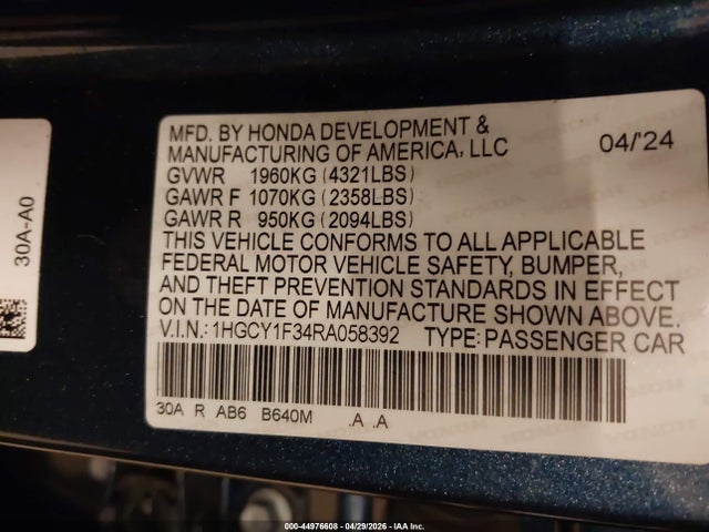 Продаж на аукціоні авто 2024 Honda Accord Ex, vin: 1HGCY1F34RA058392, номер лоту: 44976608