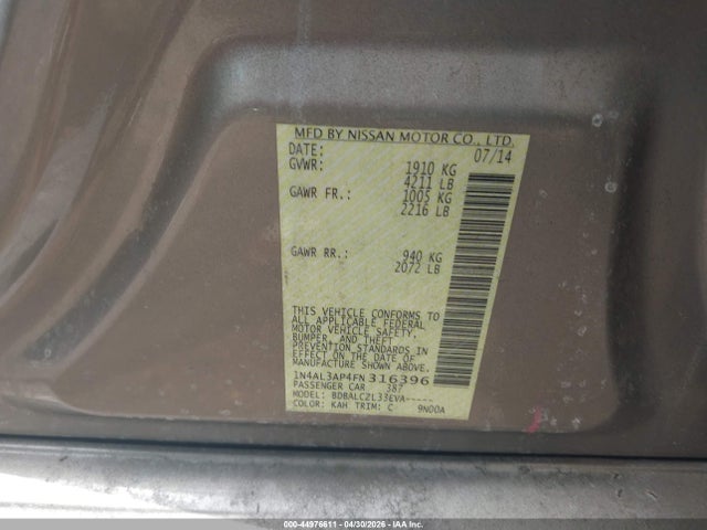 44976611 :رقم المزاد ، 1N4AL3AP4FN316396 vin ، 2015 Nissan Altima 2.5 S مزاد بيع