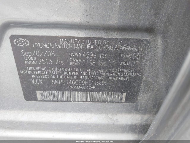 Продажа на аукционе авто 2009 Hyundai Sonata Gls, vin: 5NPET46C99H511535, номер лота: 44976614