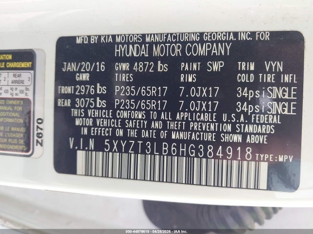Aukcja sprzedaży 2017 Hyundai Santa Fe Sport 2.4l, vin: 5XYZT3LB6HG384918, numer aukcji: 44976618