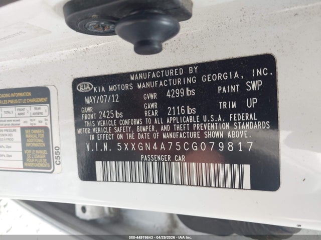 2012 Kia Optima Ex მანქანა იყიდება აუქციონზე, vin: 5XXGN4A75CG079817, აუქციონის ნომერი: 44976643
