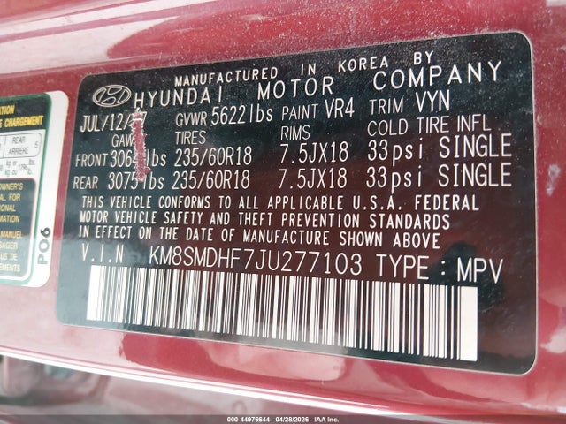 Auction sale of the 2018 Hyundai Santa Fe Se, vin: KM8SMDHF7JU277103, lot number: 44976644