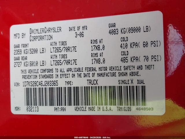 Продажа на аукционе авто 2006 Dodge Ram 2500 Laramie, vin: 1D7KS28C46J203365, номер лота: 44976646