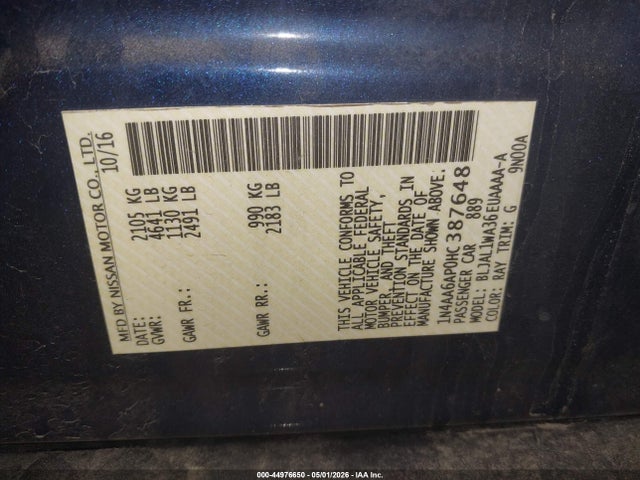 44976650 :رقم المزاد ، 1N4AA6AP0HC387648 vin ، 2017 Nissan Maxima 3.5 Sr مزاد بيع