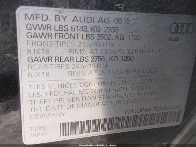 Aukcja sprzedaży 2016 Audi Allroad 2.0t Premium, vin: WA1UFAFL7GA002432, numer aukcji: 44976665
