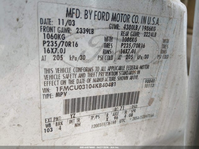 Продажа на аукционе авто 2004 Ford Escape Xlt, vin: 1FMCU03104KB40481, номер лота: 44976668