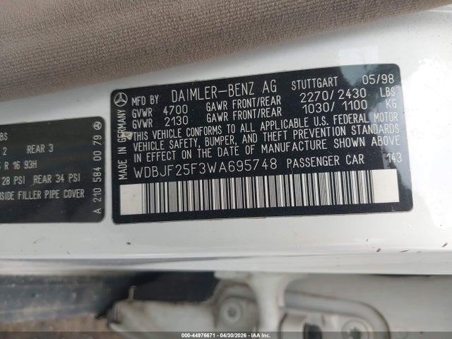 Продажа на аукционе авто 1998 Mercedes-benz E 300 Diesel, vin: WDBJF25F3WA695748, номер лота: 44976671