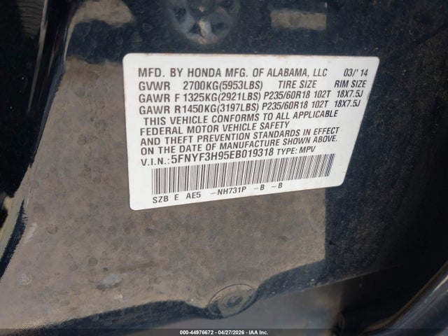 Aukcja sprzedaży 2014 Honda Pilot Touring, vin: 5FNYF3H95EB019318, numer aukcji: 44976672