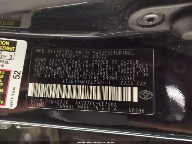 2023 Toyota Camry Se მანქანა იყიდება აუქციონზე, vin: 4T1G11AKXPU732474, აუქციონის ნომერი: 44976679