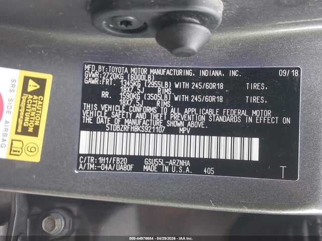 Aukcja sprzedaży 2019 Toyota Highlander Le, vin: 5TDBZRFH8KS921107, numer aukcji: 44976684