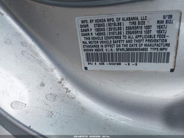 Aukcja sprzedaży 2008 Honda Odyssey Ex-l, vin: 5FNRL38668B094892, numer aukcji: 44976725