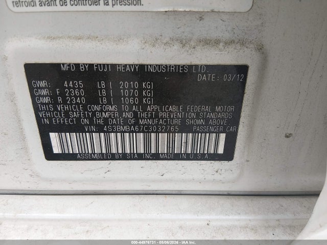2012 Subaru Legacy 2.5i მანქანა იყიდება აუქციონზე, vin: 4S3BMBA67C3032765, აუქციონის ნომერი: 44976731