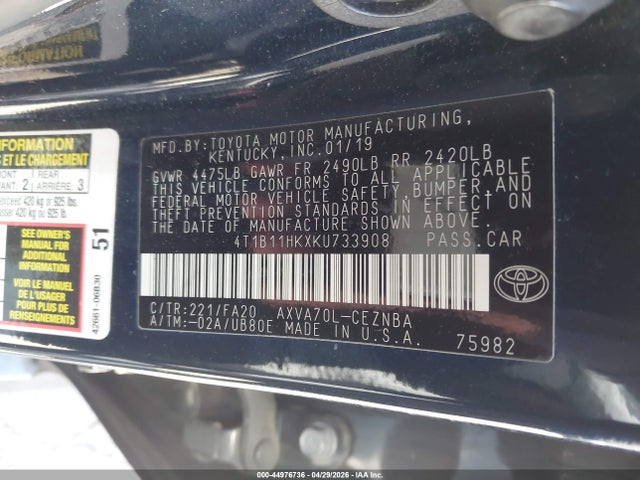 4T1B11HKXKU733908 Toyota CAMRY LE