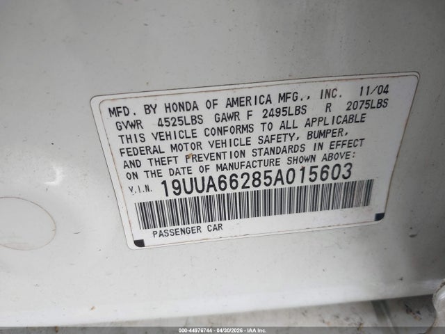 44976744 :رقم المزاد ، 19UUA66285A015603 vin ، 2005 Acura Tl مزاد بيع