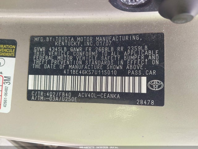 Aukcja sprzedaży 2007 Toyota Camry Le, vin: 4T1BE46K57U115010, numer aukcji: 44976770