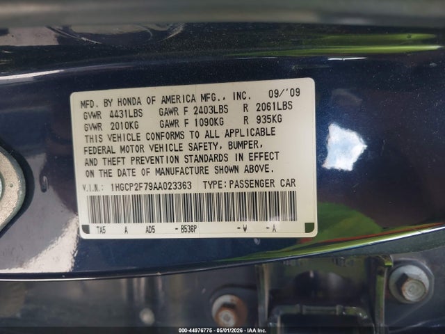 2010 Honda Accord 2.4 Ex მანქანა იყიდება აუქციონზე, vin: 1HGCP2F79AA023363, აუქციონის ნომერი: 44976775