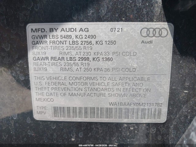 44976799 :رقم المزاد ، WA1BAAFY0M2131782 vin ، 2021 Audi Q5 Premium Plus 45 Tfsi Quattro S Tronic مزاد بيع