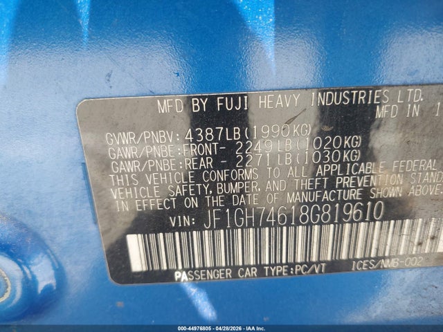 44976805 :رقم المزاد ، JF1GH74618G819610 vin ، 2008 Subaru Impreza Wagon (natl) Wrx مزاد بيع