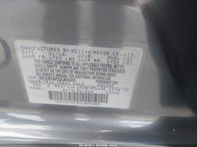 3N1CN7AP3JL854328 Nissan Versa 1.6 Sv
