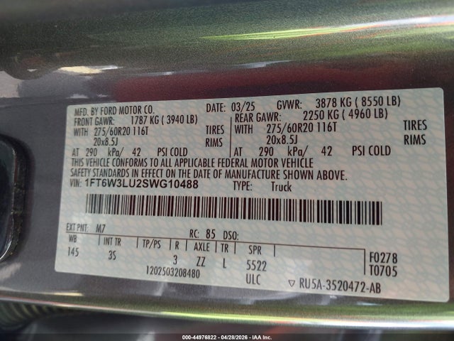 44976822 :رقم المزاد ، 1FT6W3LU2SWG10488 vin ، 2025 Ford F-150 Lightning Flash مزاد بيع