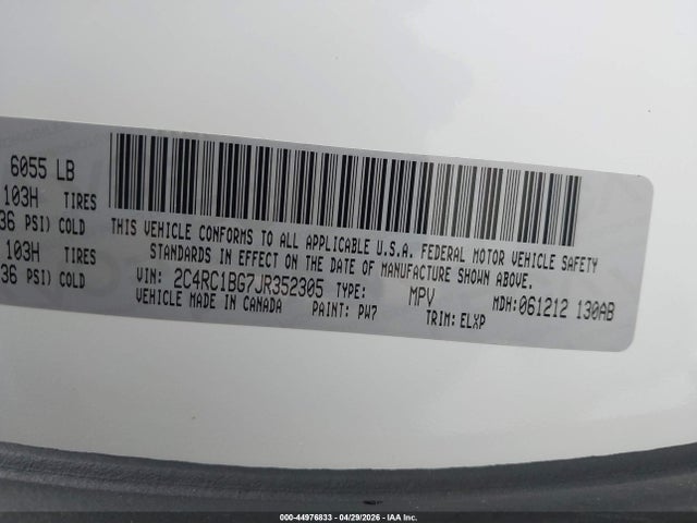 Auction sale of the 2018 Chrysler Pacifica Touring L, vin: 2C4RC1BG7JR352305, lot number: 44976833