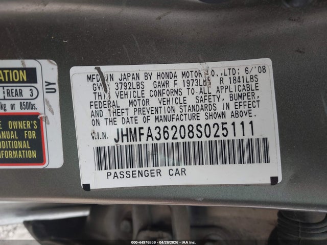 44976839 :رقم المزاد ، JHMFA36208S025111 vin ، 2008 Honda Civic Hybrid مزاد بيع