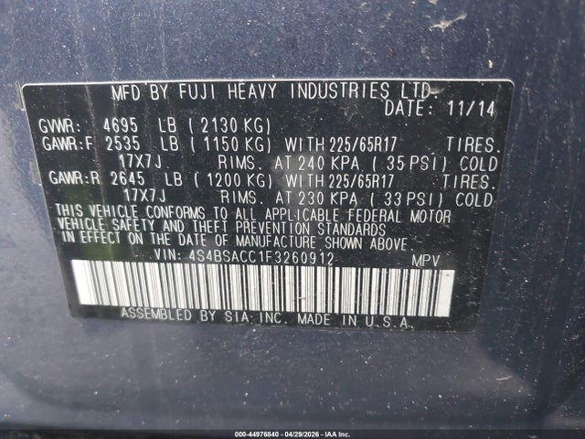 Aukcja sprzedaży 2015 Subaru Outback 2.5i Premium, vin: 4S4BSACC1F3260912, numer aukcji: 44976840