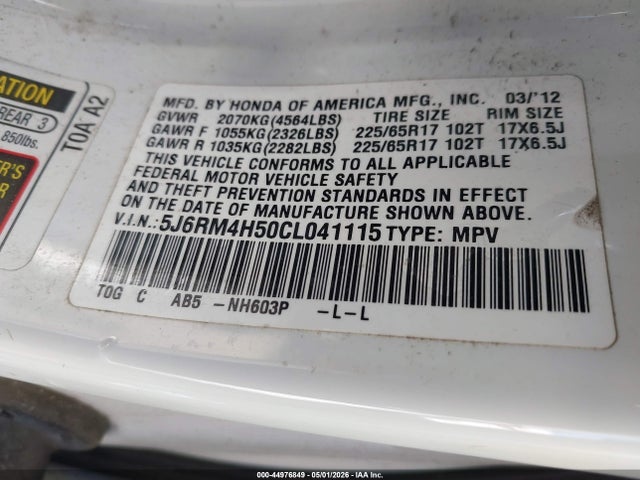 44976849 :رقم المزاد ، 5J6RM4H50CL041115 vin ، 2012 Honda Cr-v Ex مزاد بيع