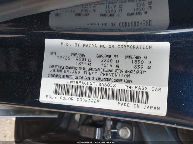 Aukcja sprzedaży 2026 Mazda Mazda3 2.5 S Preferred, vin: JM1BPACLXT1866058, numer aukcji: 44976855