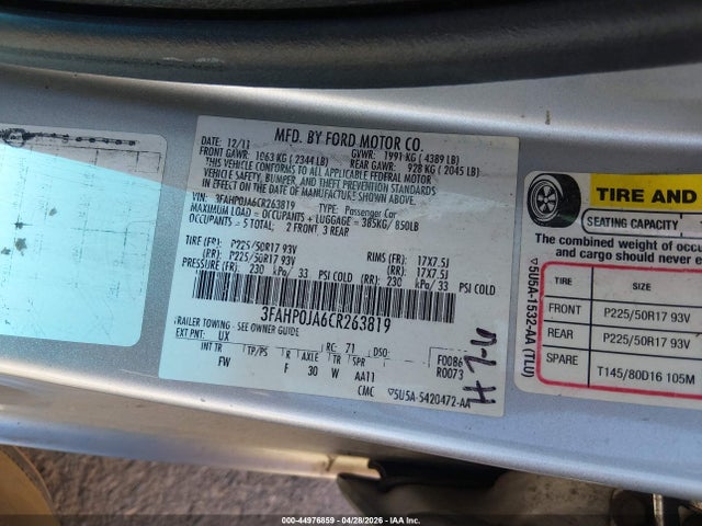 44976859 :رقم المزاد ، 3FAHP0JA6CR263819 vin ، 2012 Ford Fusion Sel مزاد بيع