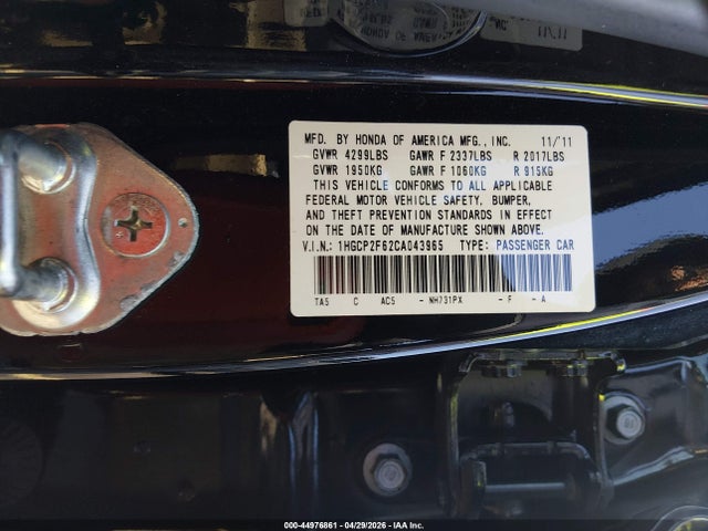 44976861 :رقم المزاد ، 1HGCP2F62CA043965 vin ، 2012 Honda Accord 2.4 Se مزاد بيع