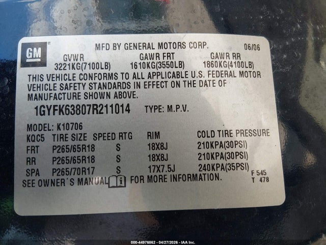 44976862 :رقم المزاد ، 1GYFK63807R211014 vin ، 2007 Cadillac Escalade Standard مزاد بيع