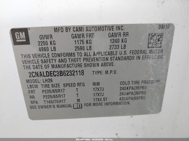 2011 Chevrolet Equinox 1lt მანქანა იყიდება აუქციონზე, vin: 2CNALDEC3B6232118, აუქციონის ნომერი: 44976864