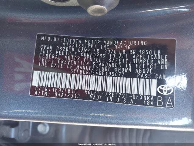 Toyota COROLLA LE 2016 5YFBURHE4GP499077 Image 9