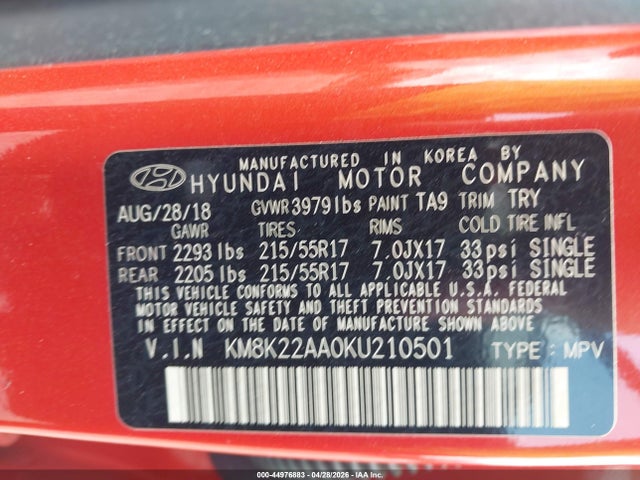 Продажа на аукционе авто 2019 Hyundai Kona Sel, vin: KM8K22AA0KU210501, номер лота: 44976883