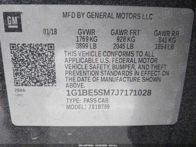 44976884 :رقم المزاد ، 1G1BE5SM7J7171028 vin ، 2018 Chevrolet Cruze Lt Auto مزاد بيع