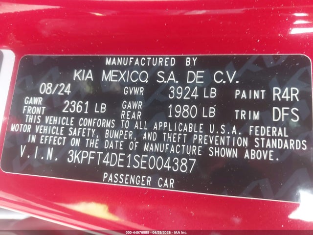Aukcja sprzedaży 2025 Kia K4 Lxs, vin: 3KPFT4DE1SE004387, numer aukcji: 44976888