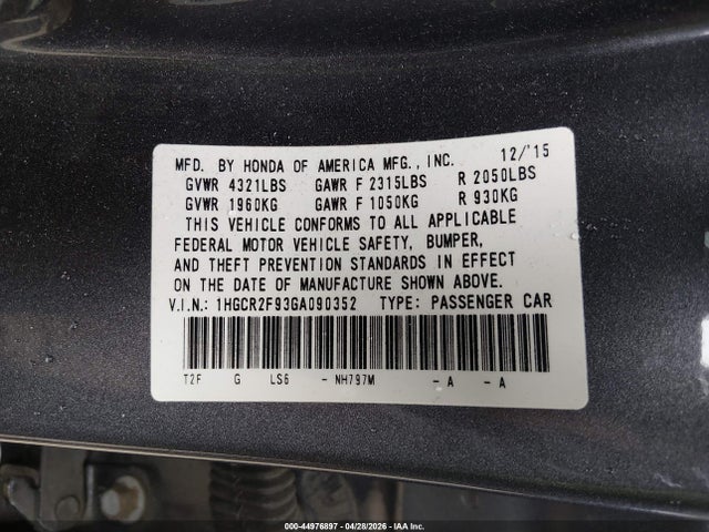 Продажа на аукционе авто 2016 Honda Accord Ex-l, vin: 1HGCR2F93GA090352, номер лота: 44976897